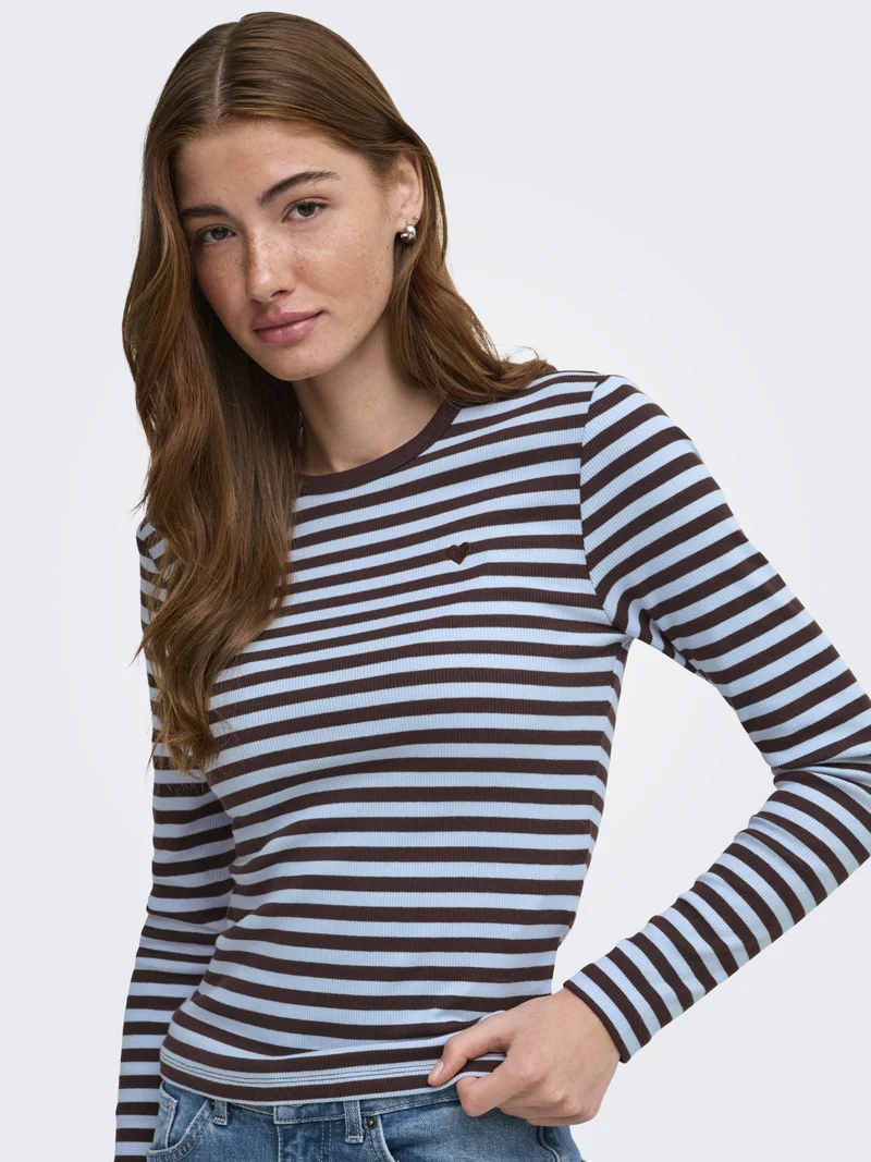 ONLVAL L/S O-NECK STRIPE TOP JRS, Coffee Bean/Cashmereblue (mette) +