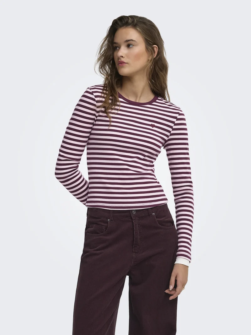 ONLVAL L/S O-NECK STRIPE TOP JRS, Fig/Pale lilac (mette) + emb. heart