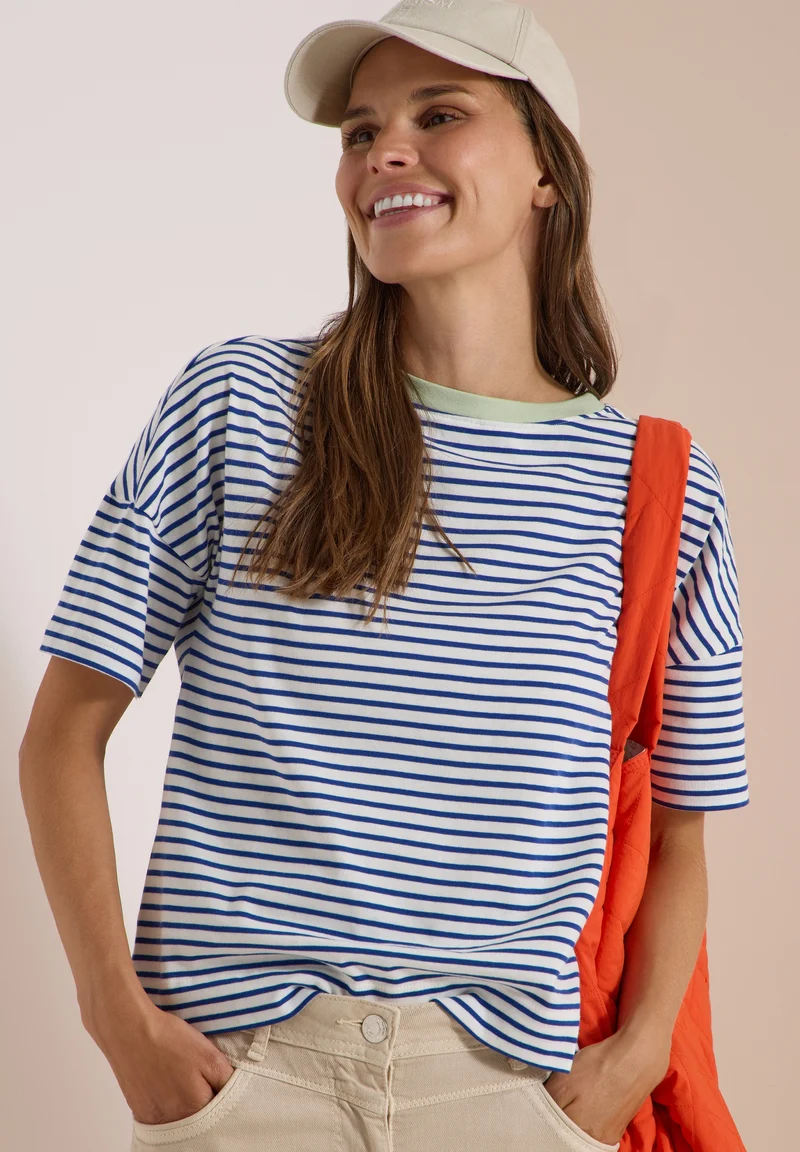 Striped T-Shirt with Contrast, deep river blue