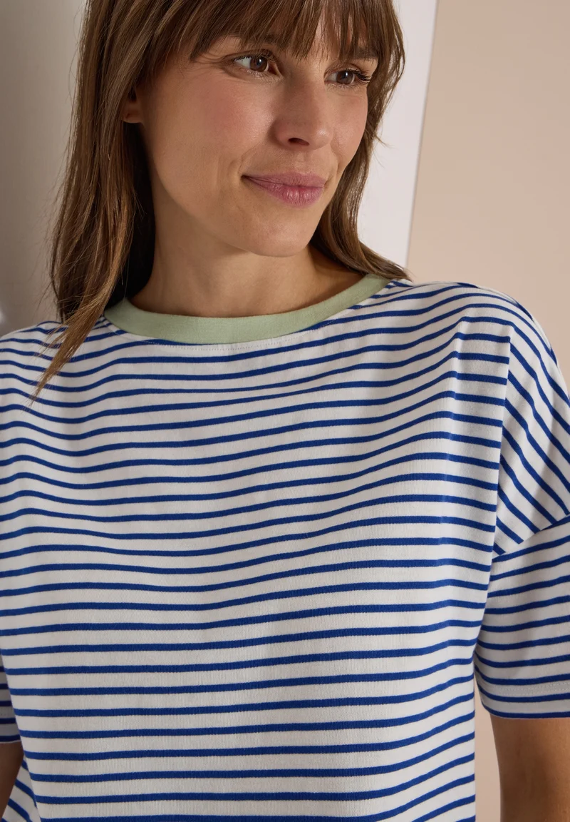 Striped T-Shirt with Contrast, deep river blue
