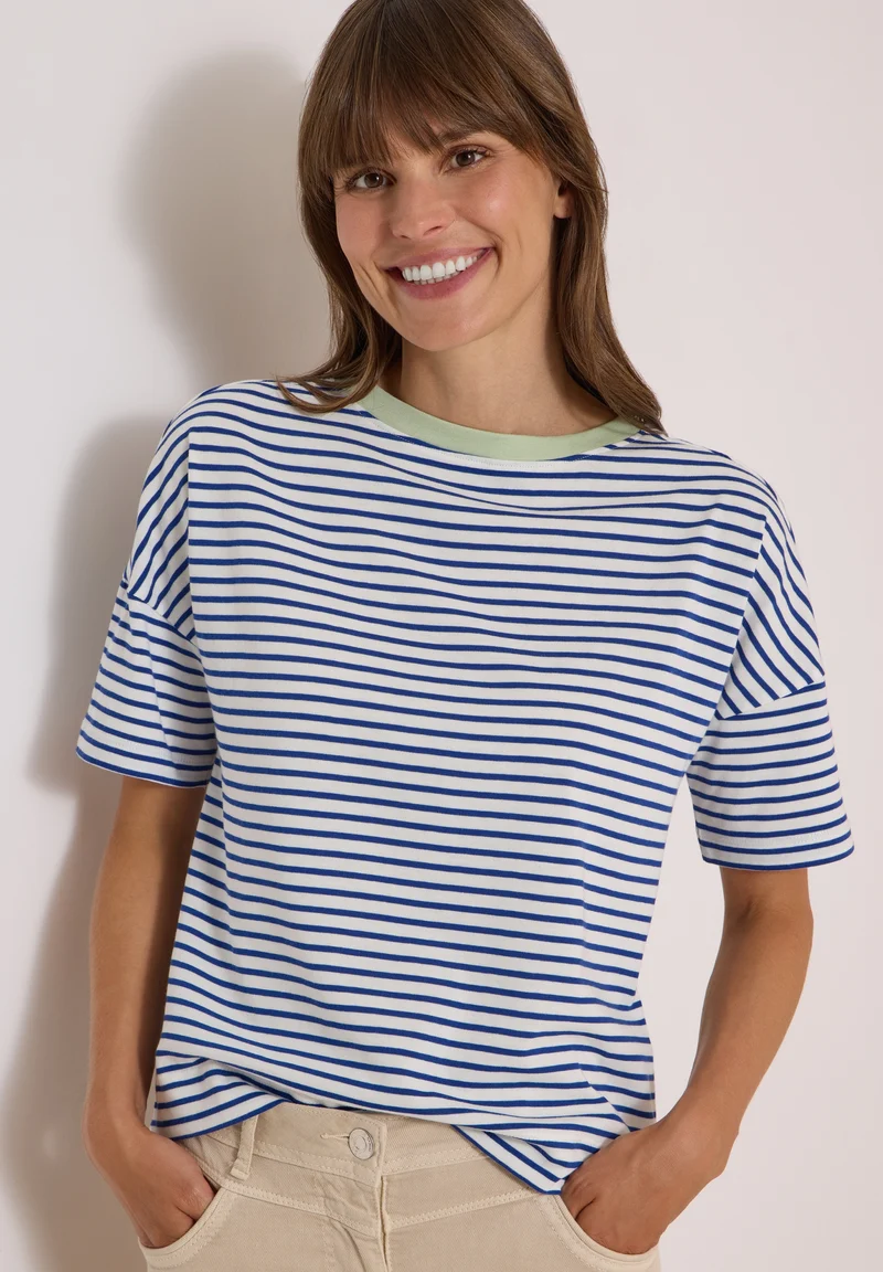 Striped T-Shirt with Contrast, deep river blue