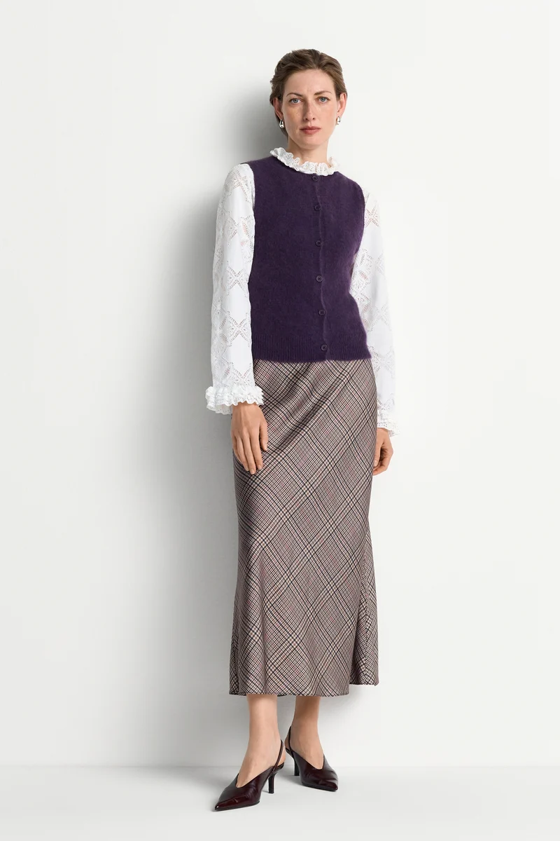 Printed Satin Midi Skirt with Check, hazel