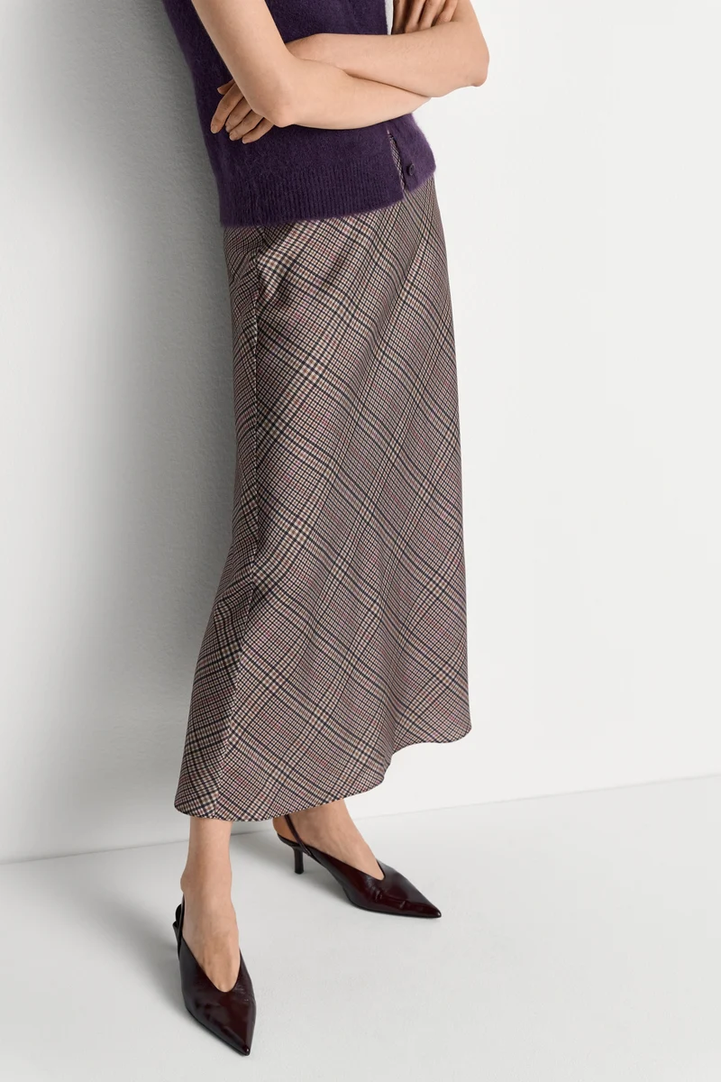 Printed Satin Midi Skirt with Check, hazel