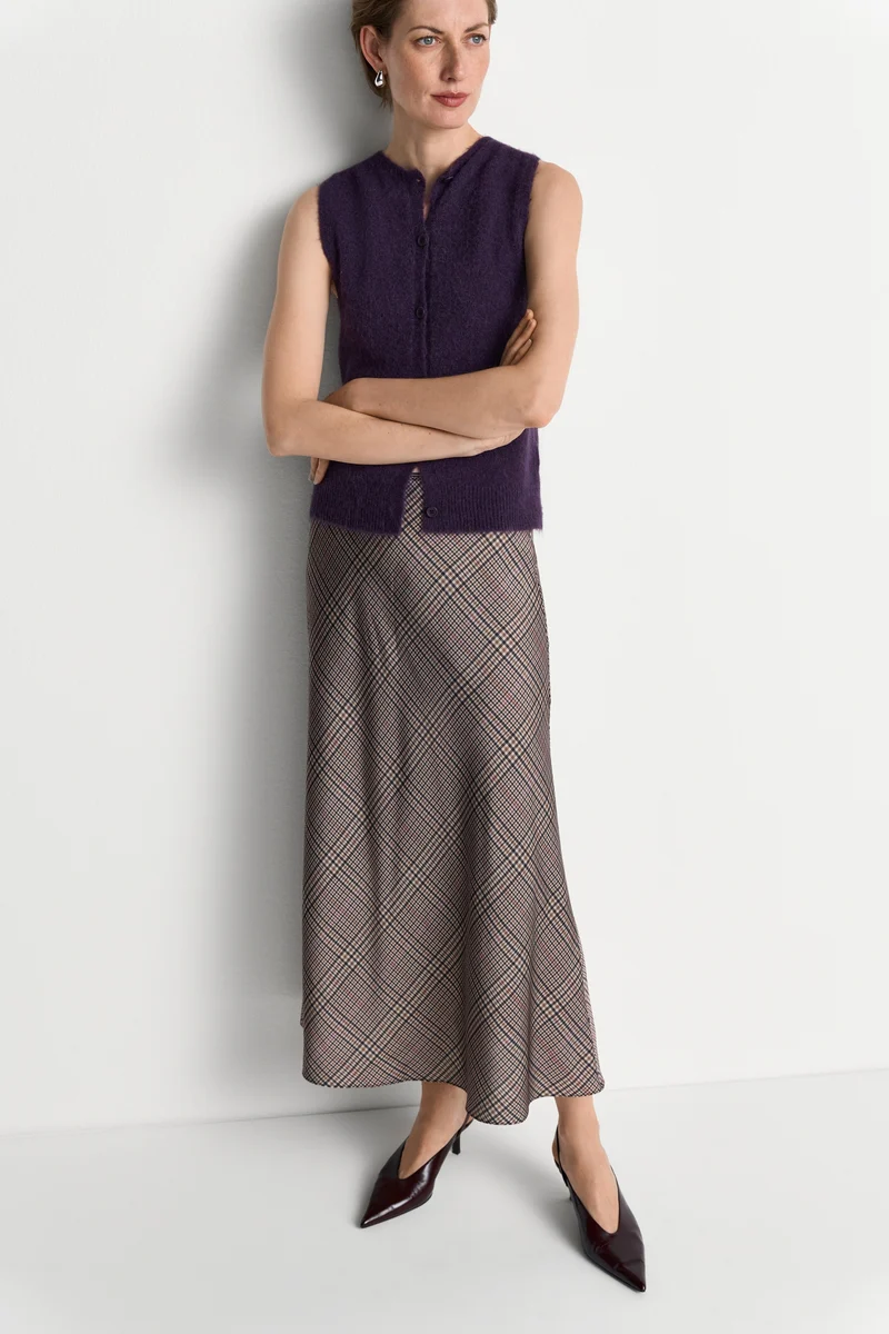 Printed Satin Midi Skirt with Check, hazel