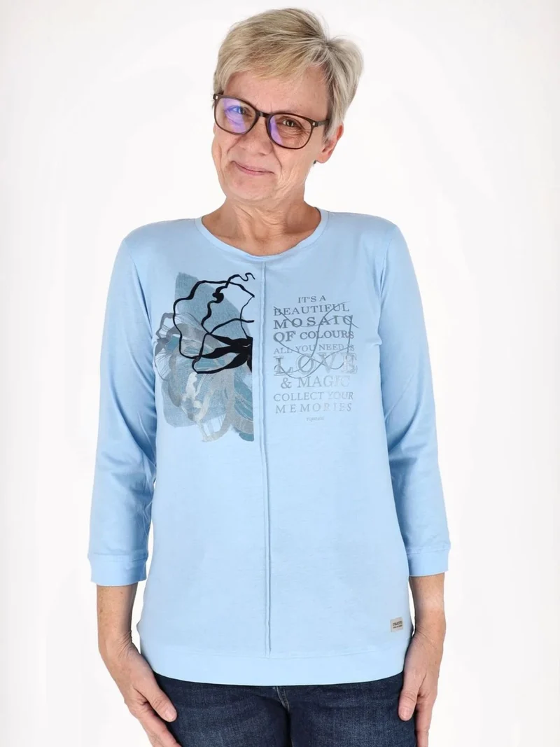 Blaues Damen Shirt mit 3/4-Arm, V-Ausschnitt & Wabenmuster