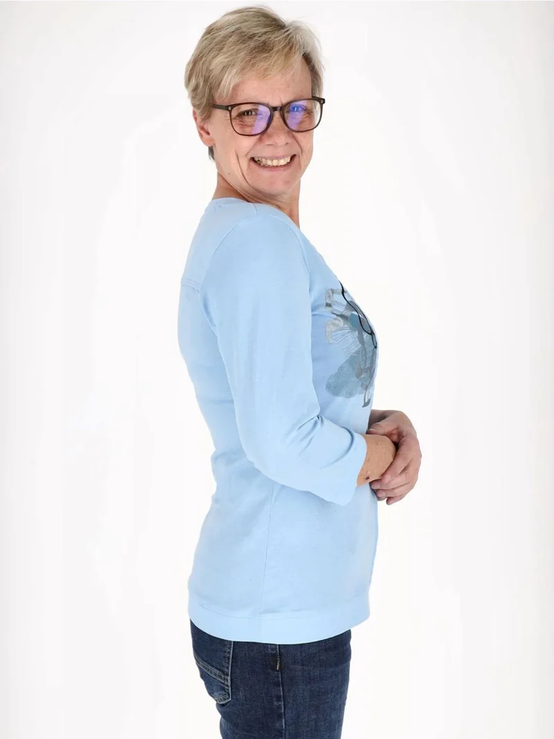 Blaues Damen Shirt mit 3/4-Arm, V-Ausschnitt & Wabenmuster