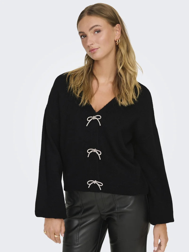 ONLDONNA LS BOW V-NECK KNT, Black
