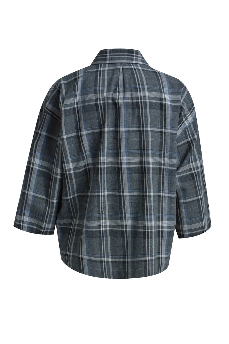 CHECK BLOUSE 3_4 SLEEVES, GREY MELANGE PRINT