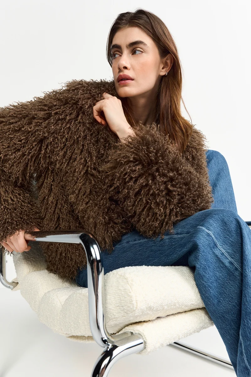 Long Hair Shearling Jacket, dark chocolate