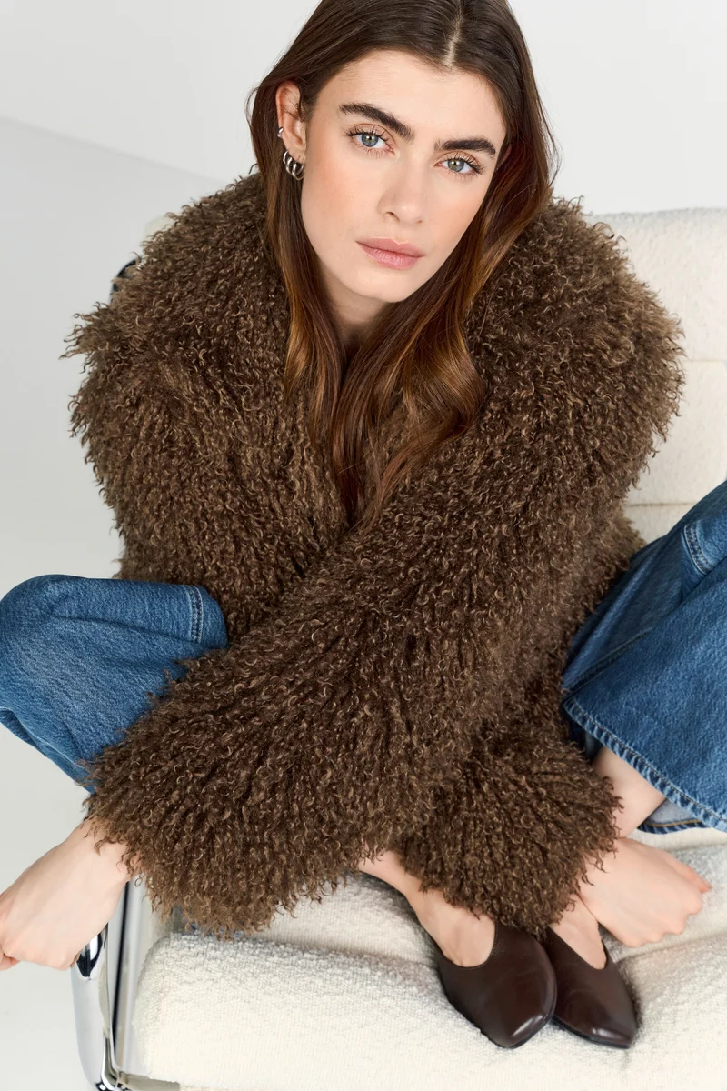 Long Hair Shearling Jacket, dark chocolate