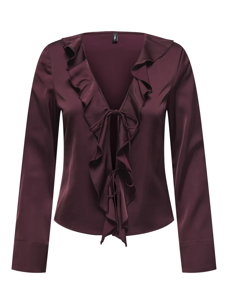 ONLMIKA VIS SATIN L/S FRILL TOP WVN, Decadent Chocolate