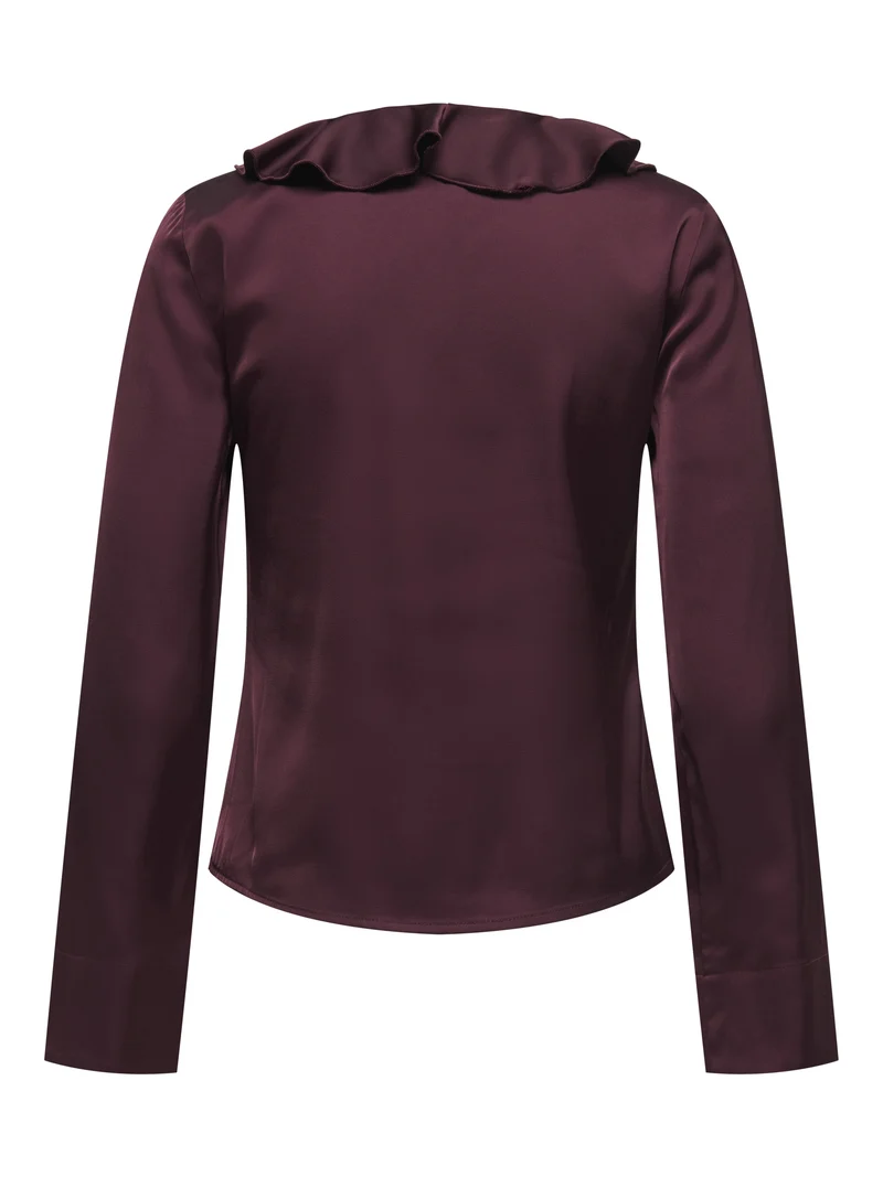ONLMIKA VIS SATIN L/S FRILL TOP WVN, Decadent Chocolate