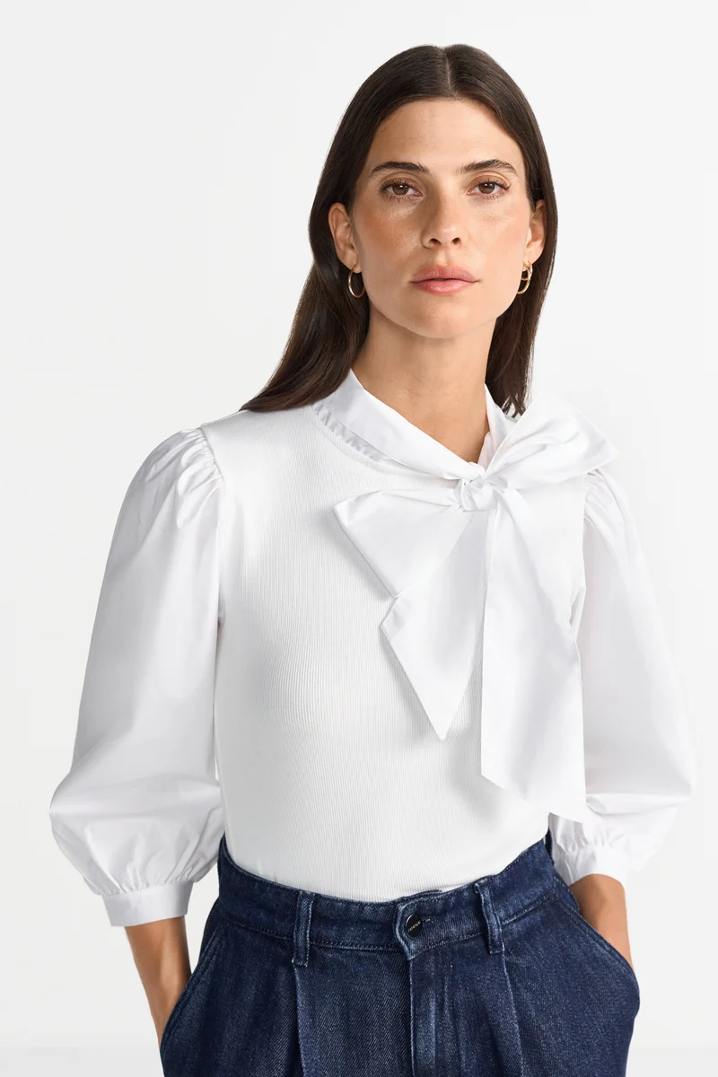 Mat Mix Blouse with Bow, white