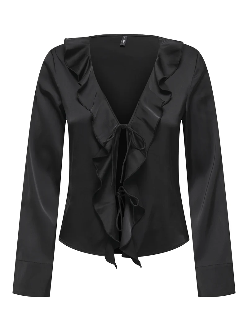 ONLMIKA VIS SATIN L/S FRILL TOP WVN, Black