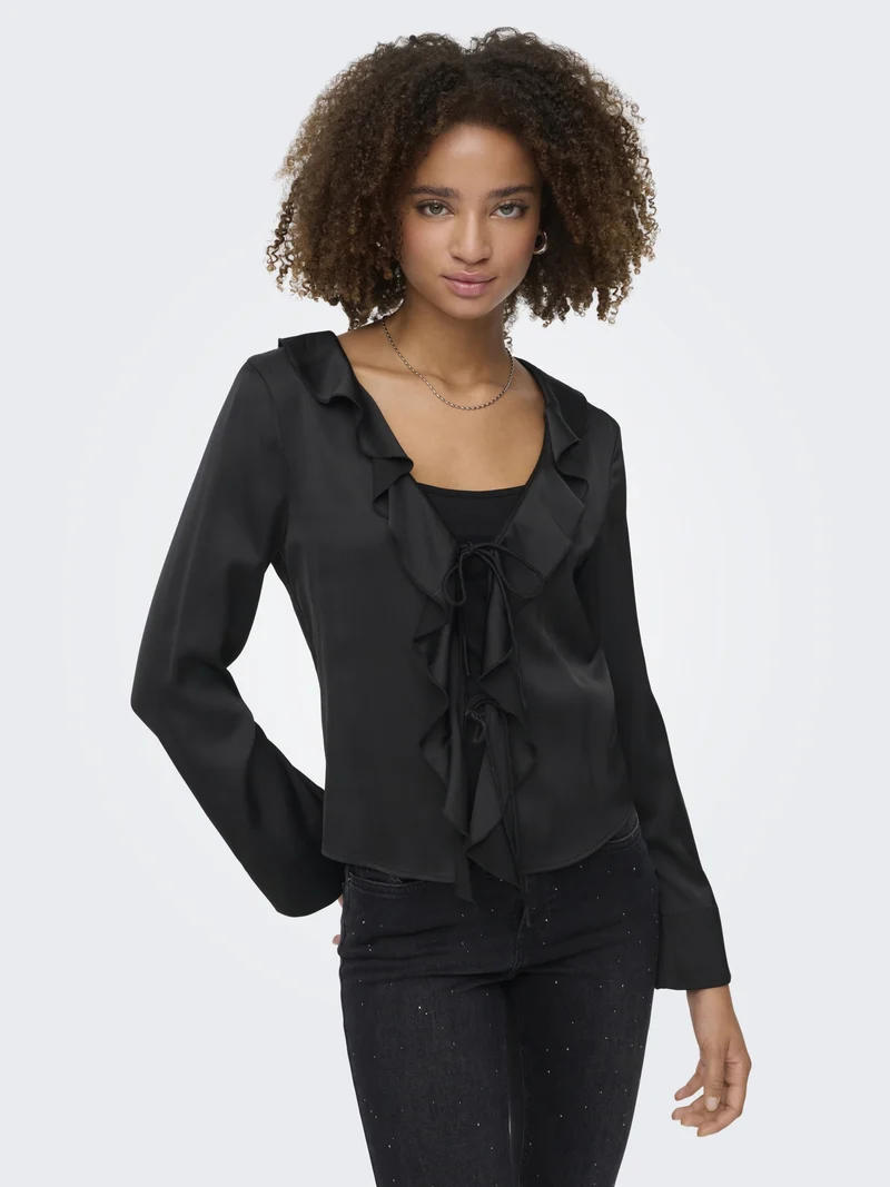 ONLMIKA VIS SATIN L/S FRILL TOP WVN, Black