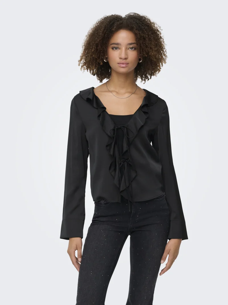 ONLMIKA VIS SATIN L/S FRILL TOP WVN, Black