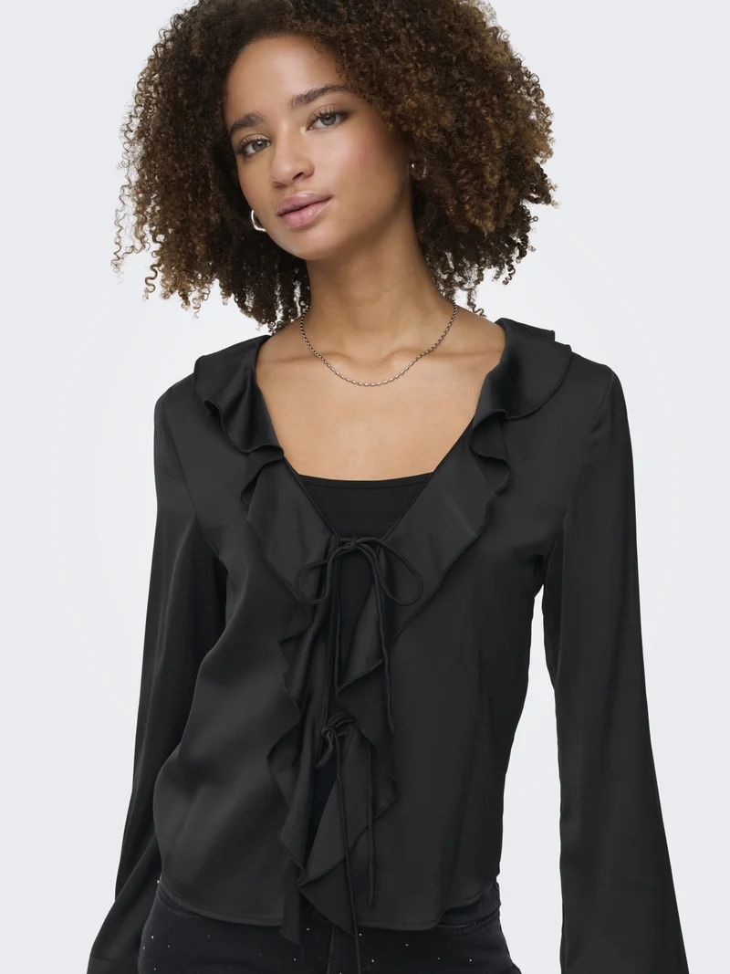 ONLMIKA VIS SATIN L/S FRILL TOP WVN, Black
