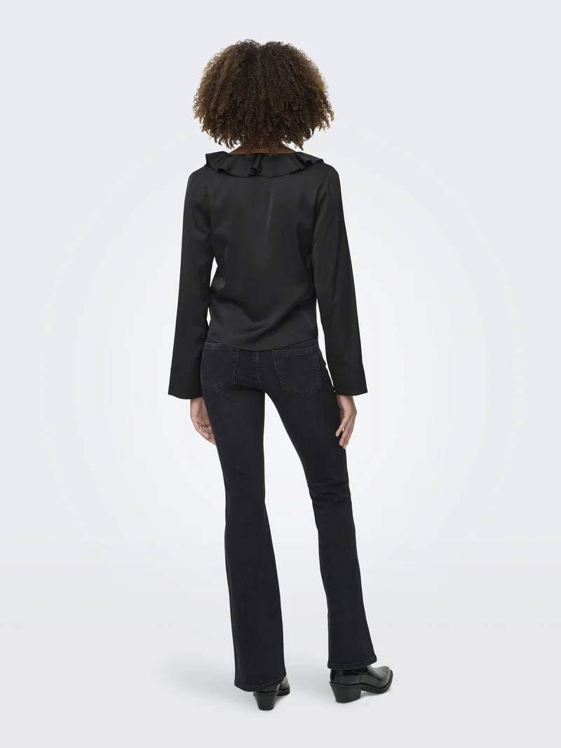 ONLMIKA VIS SATIN L/S FRILL TOP WVN, Black