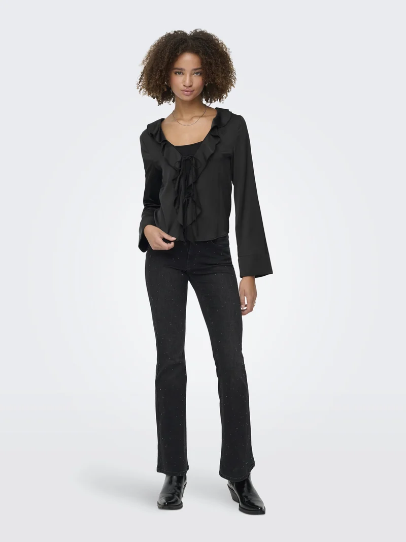 ONLMIKA VIS SATIN L/S FRILL TOP WVN, Black