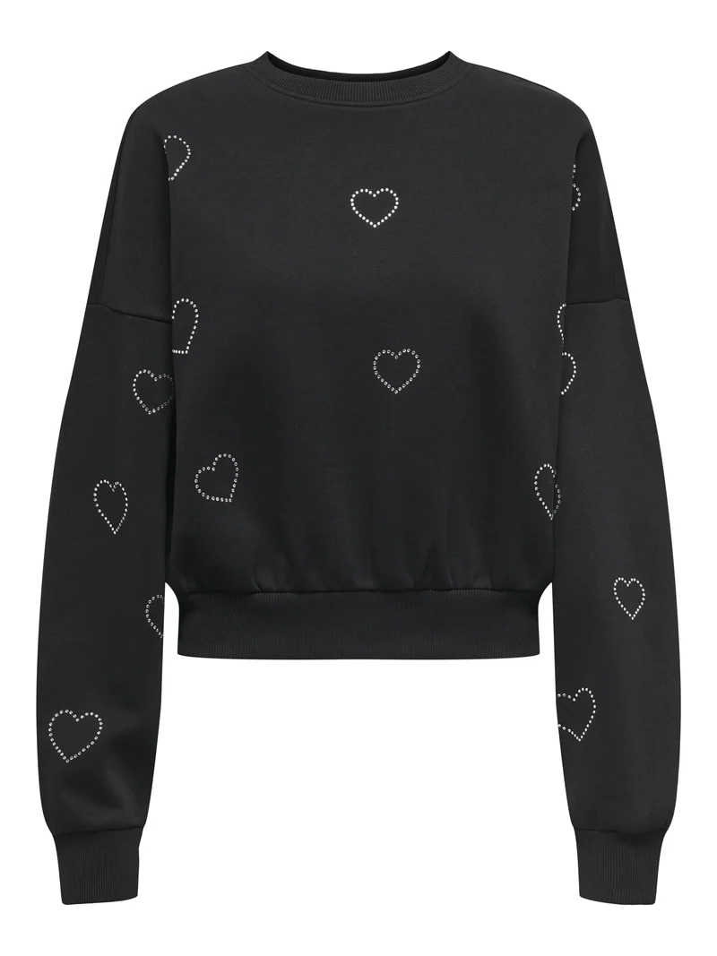 ONLBERIT L/S O-NECK SWT, Black/Heart silver rhinestone