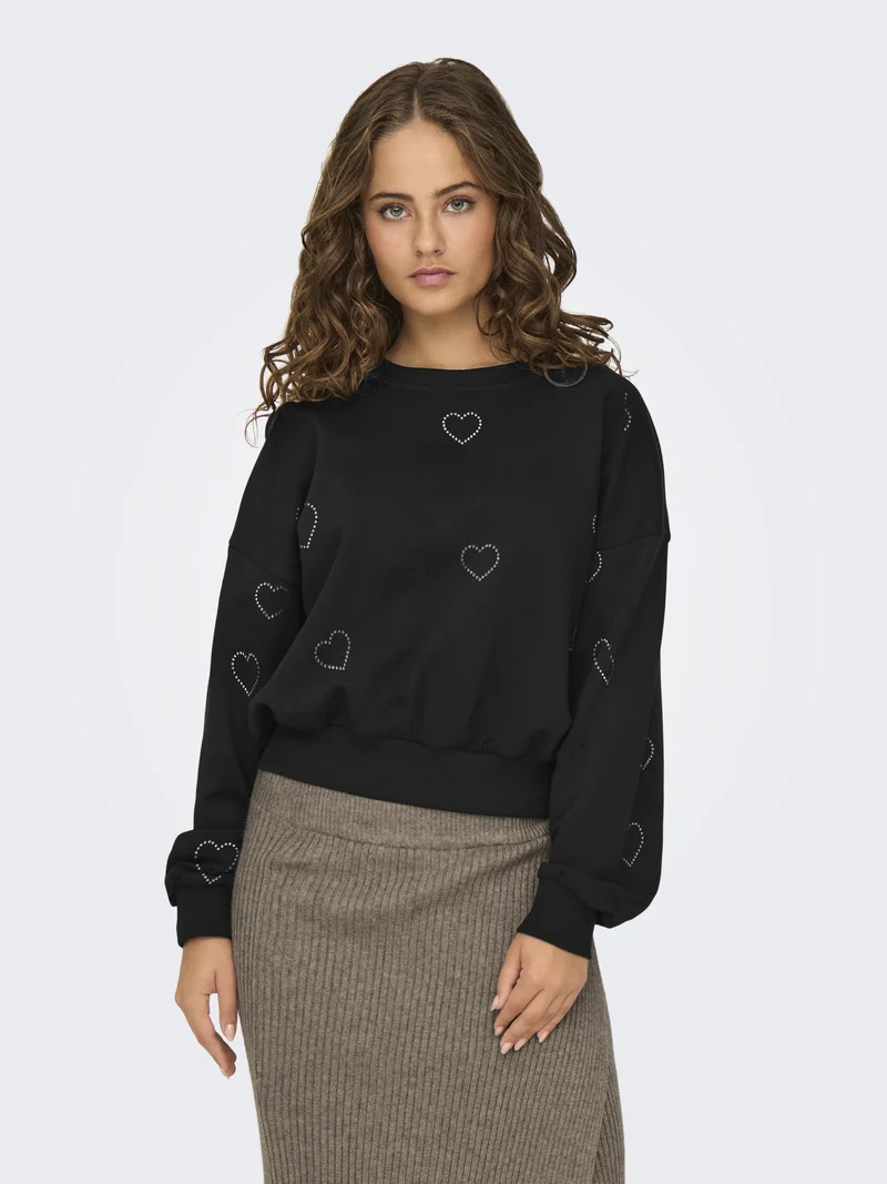 ONLBERIT L/S O-NECK SWT, Black/Heart silver rhinestone