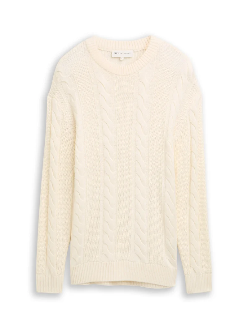 relaxed cable mix crew neck kn, Wool White