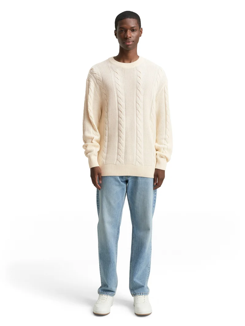 relaxed cable mix crew neck kn, Wool White