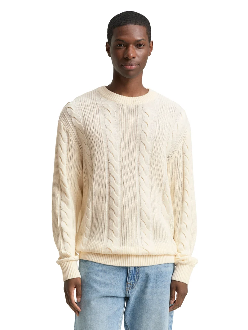 relaxed cable mix crew neck kn, Wool White