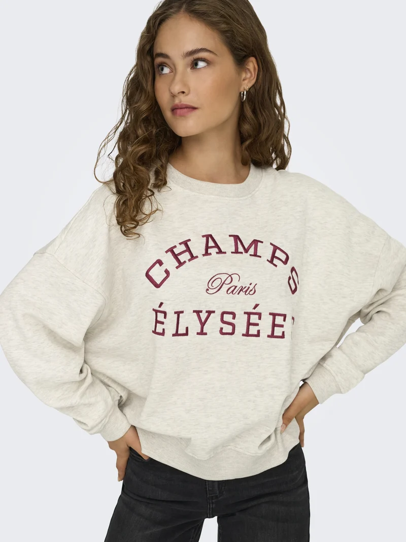 JDYMESA LIFE L/S O-NK EMB SWEAT JRS, Oatmeal/CHAMPS CABERNET EMB