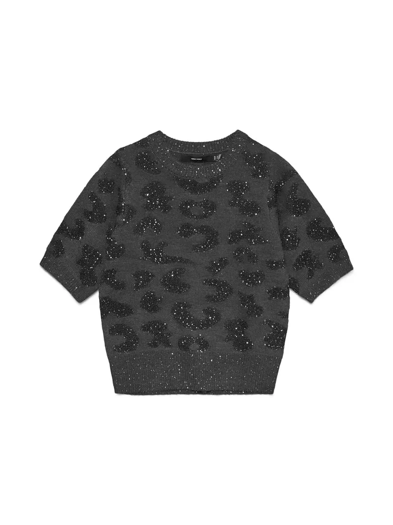VMZUZU 2/4 O-NECK PULLOVER, Dark Grey Melange/W. BLACK + SEQUIN