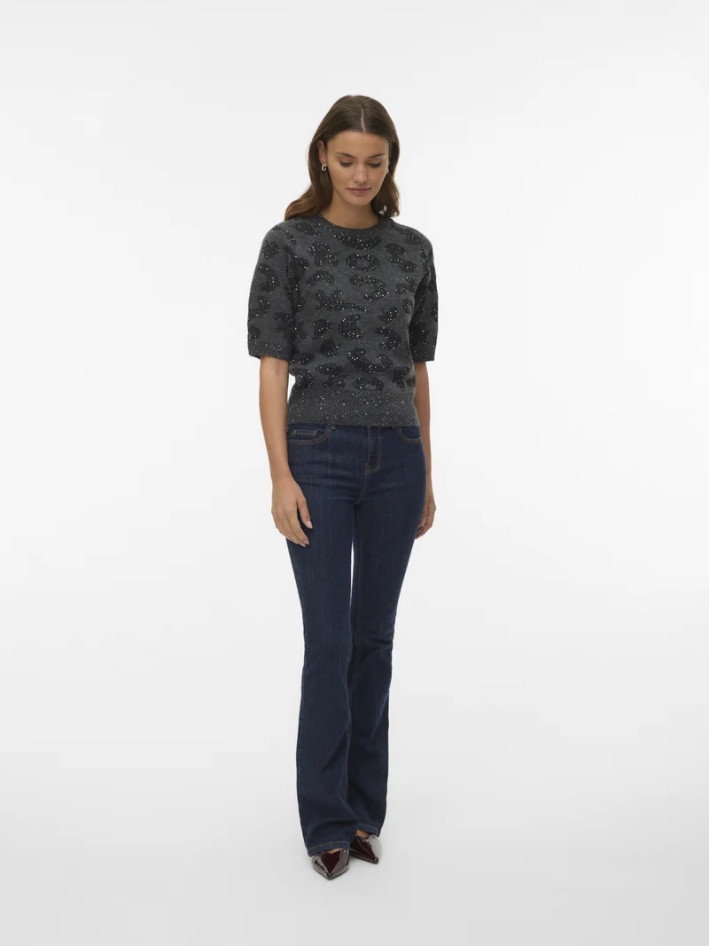 VMZUZU 2/4 O-NECK PULLOVER, Dark Grey Melange/W. BLACK + SEQUIN