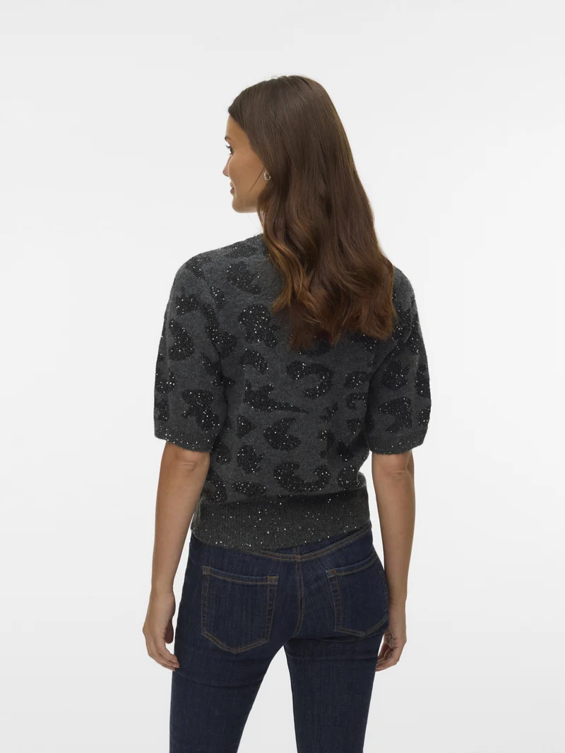 VMZUZU 2/4 O-NECK PULLOVER, Dark Grey Melange/W. BLACK + SEQUIN
