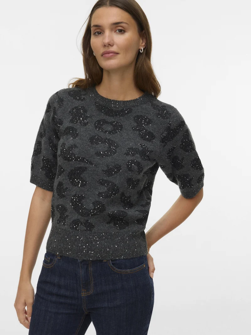 VMZUZU 2/4 O-NECK PULLOVER, Dark Grey Melange/W. BLACK + SEQUIN