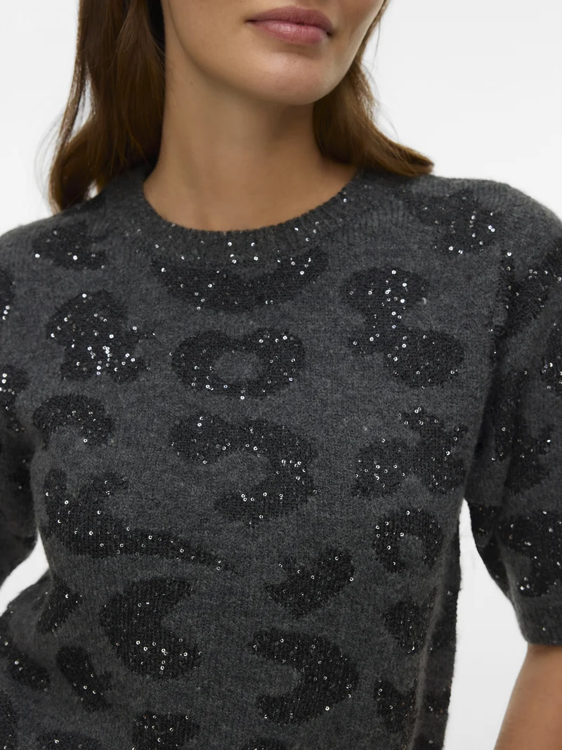VMZUZU 2/4 O-NECK PULLOVER, Dark Grey Melange/W. BLACK + SEQUIN