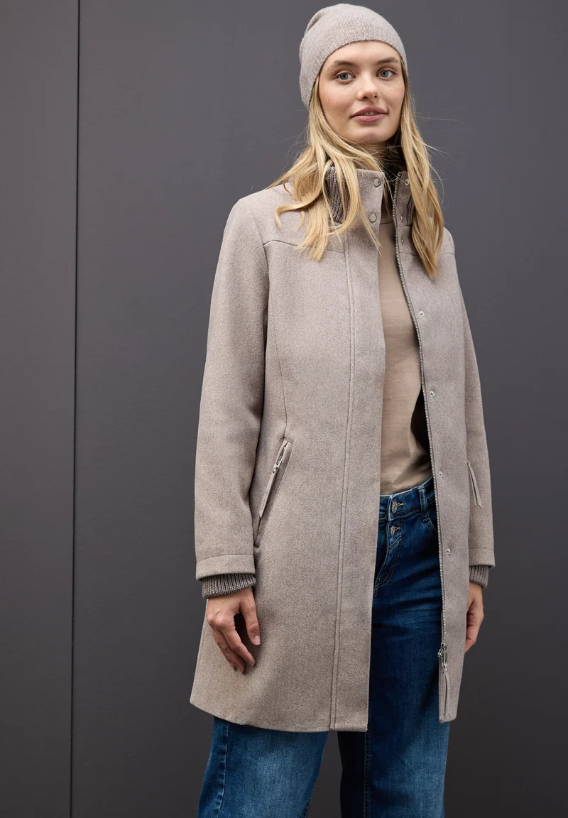 LTD QR Coat w. Knit Details, Sandy Mocca Mel.