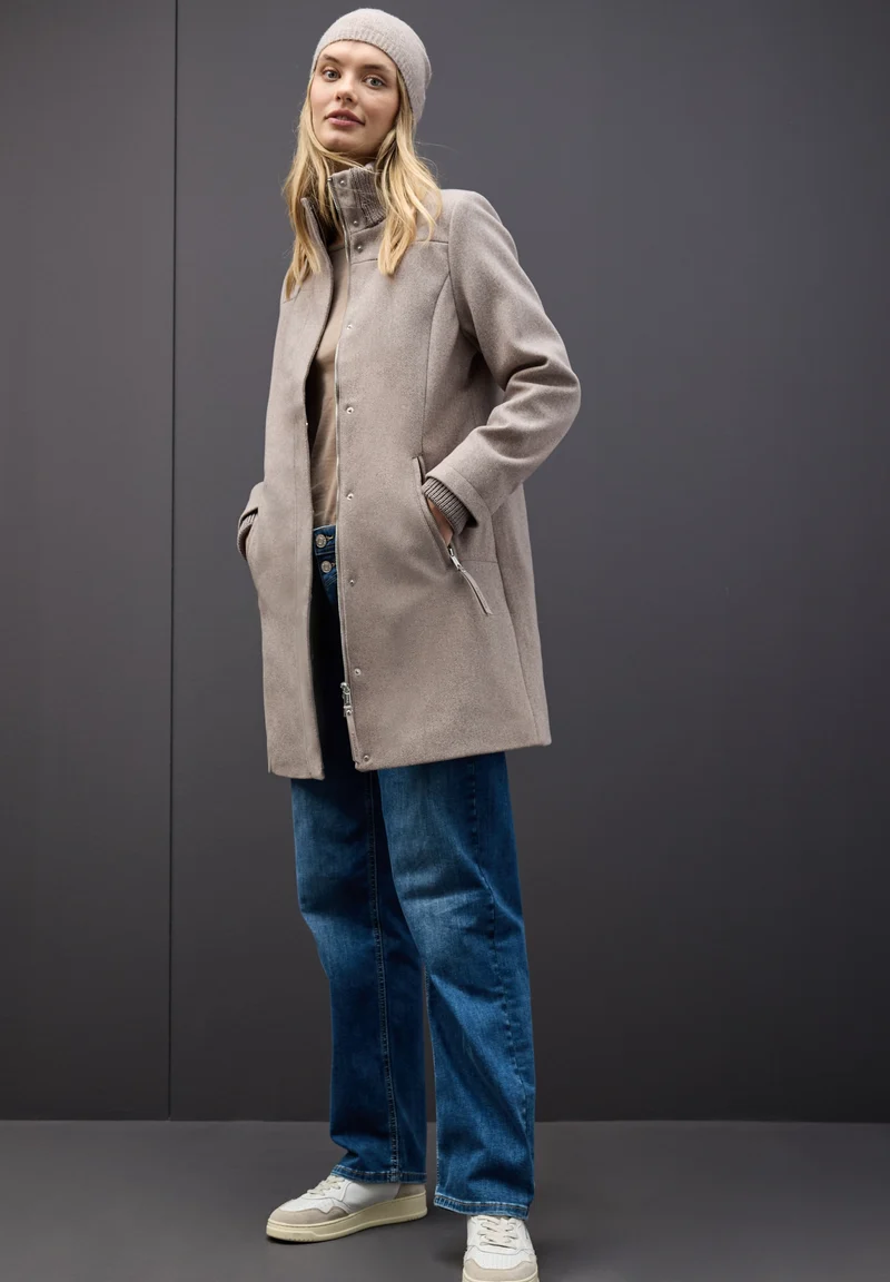 LTD QR Coat w. Knit Details, Sandy Mocca Mel.