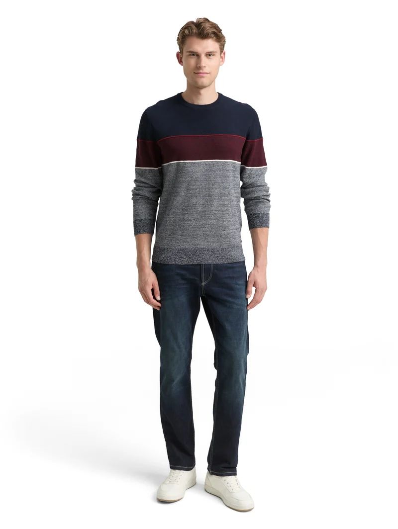 knit stripe crew neck pullover, navy red white stripe
