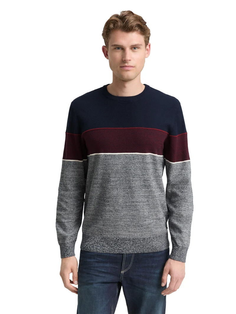 knit stripe crew neck pullover, navy red white stripe