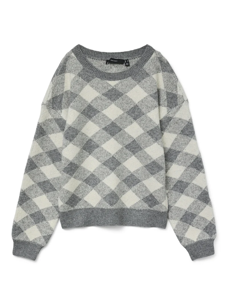VMLARA LS O-NECK PULLOVER BOO REP, Medium Grey Melange/W. BIRCH