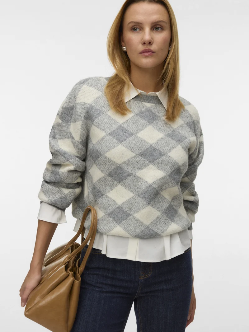VMLARA LS O-NECK PULLOVER BOO REP, Medium Grey Melange/W. BIRCH