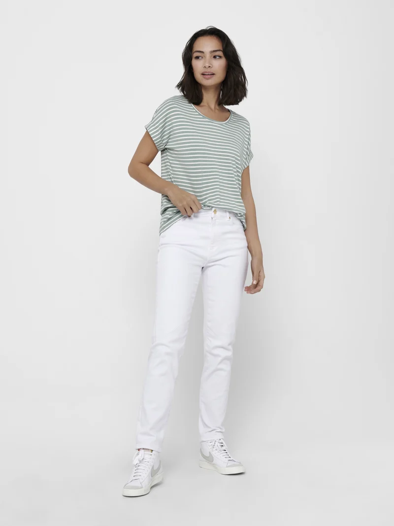 ONLMOSTER STRIPE S/S O-NECK TOP JRS, Jadeite/CLOUD DANCER