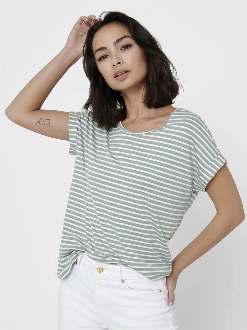 ONLMOSTER STRIPE S/S O-NECK TOP JRS, Jadeite/CLOUD DANCER