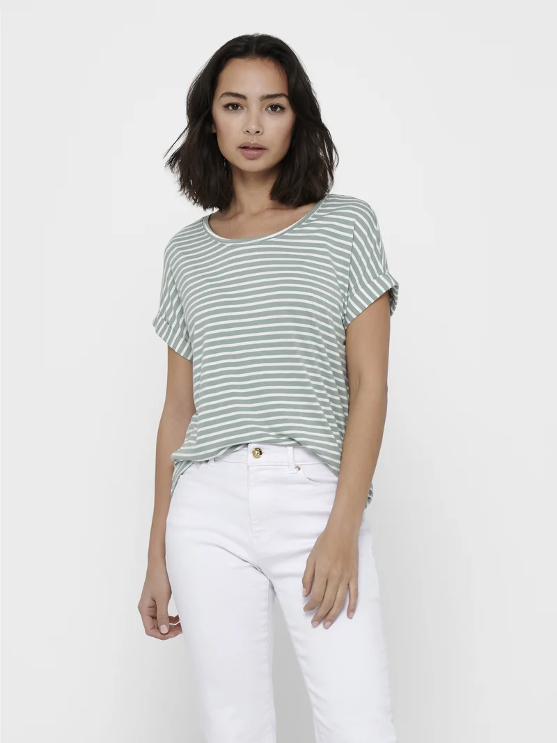 ONLMOSTER STRIPE S/S O-NECK TOP JRS, Jadeite/CLOUD DANCER