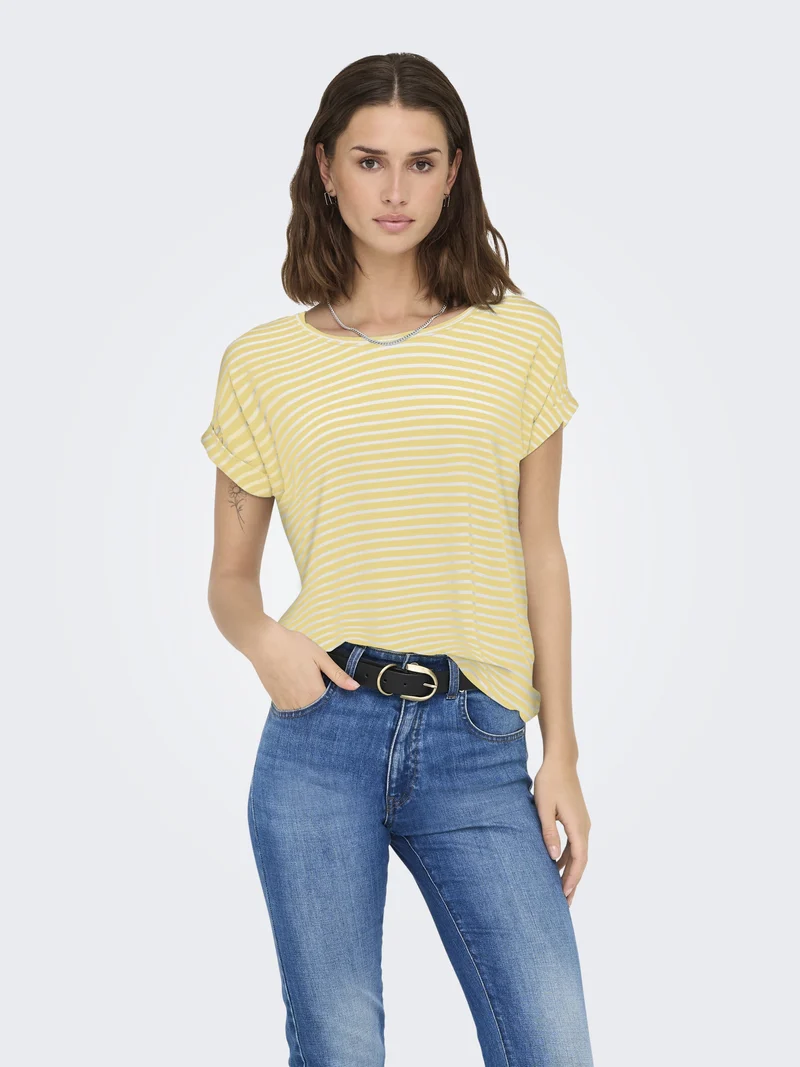 ONLMOSTER STRIPE S/S O-NECK TOP JRS, Pale Banana/CLOUD DANCER