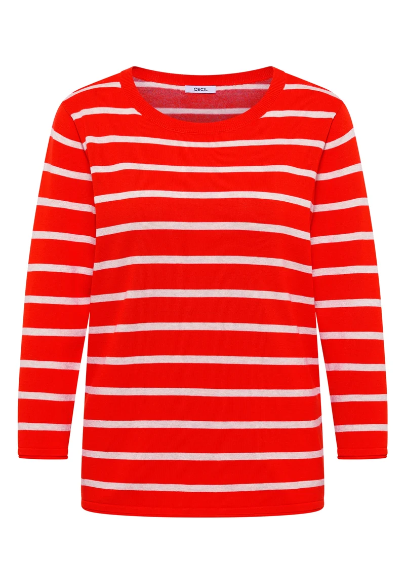 Striped Roundneck Sweater, cherry tomato orange