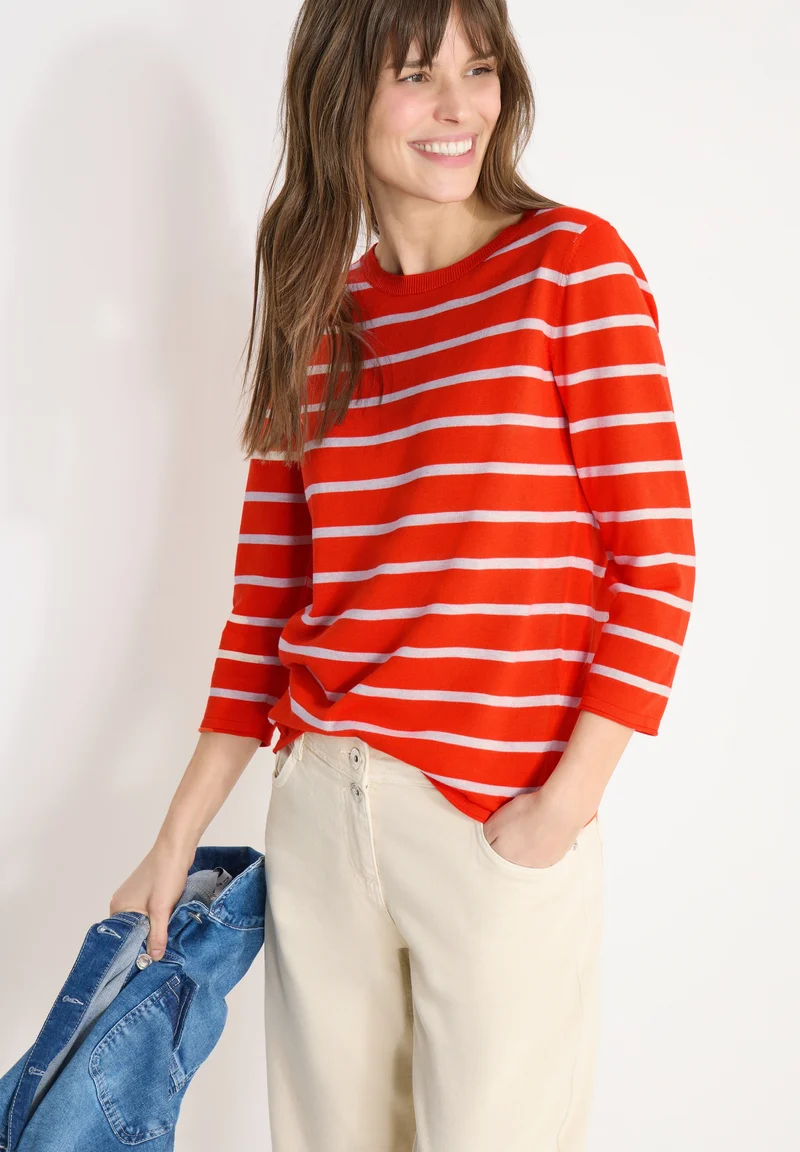 Striped Roundneck Sweater, cherry tomato orange