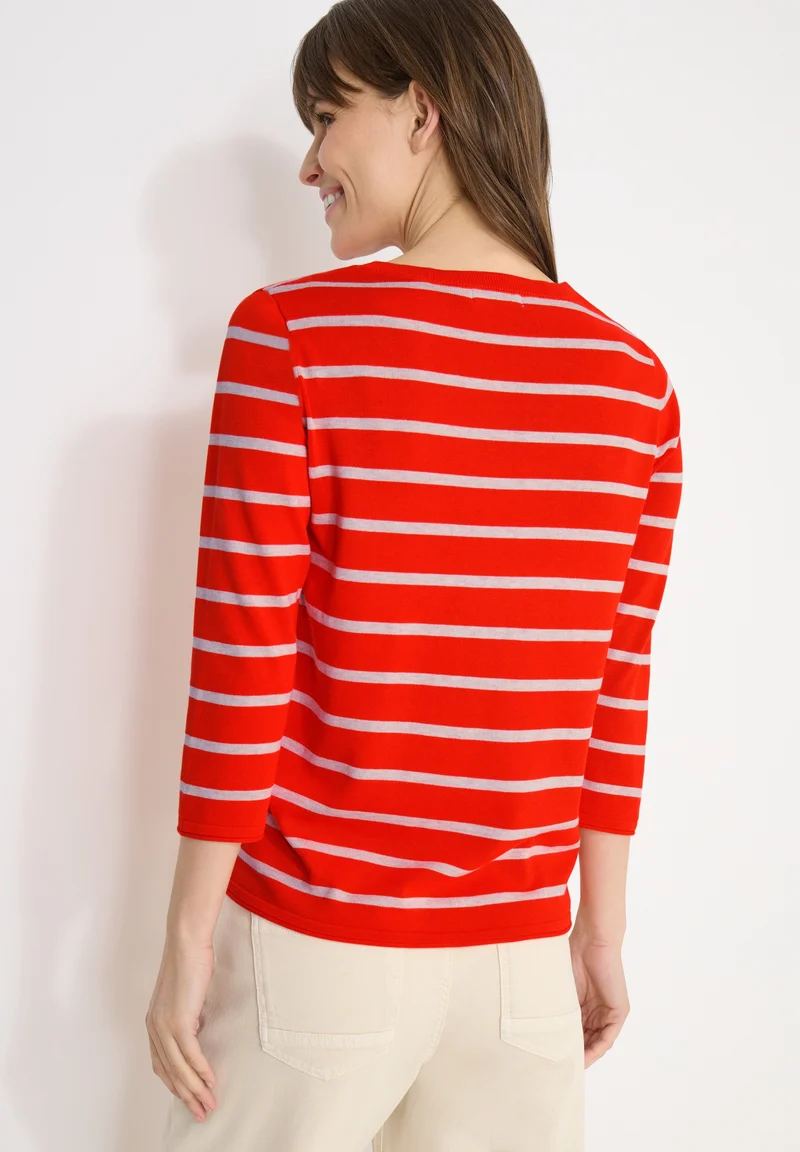 Striped Roundneck Sweater, cherry tomato orange