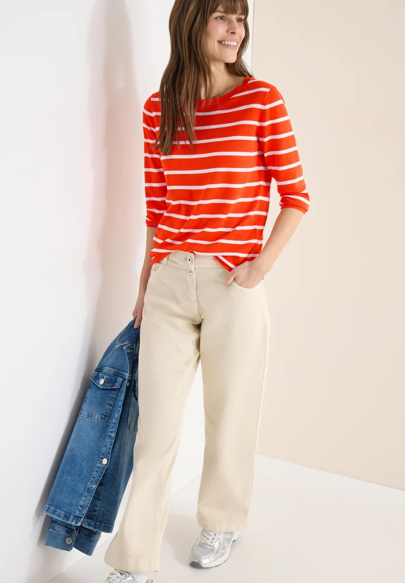 Striped Roundneck Sweater, cherry tomato orange