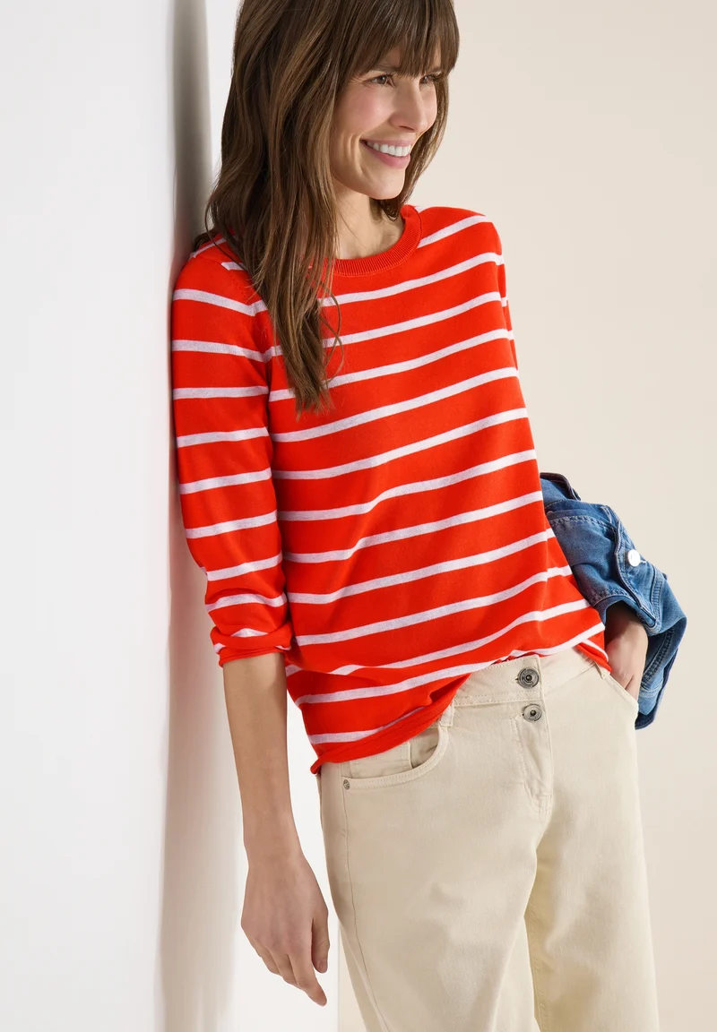 Striped Roundneck Sweater, cherry tomato orange