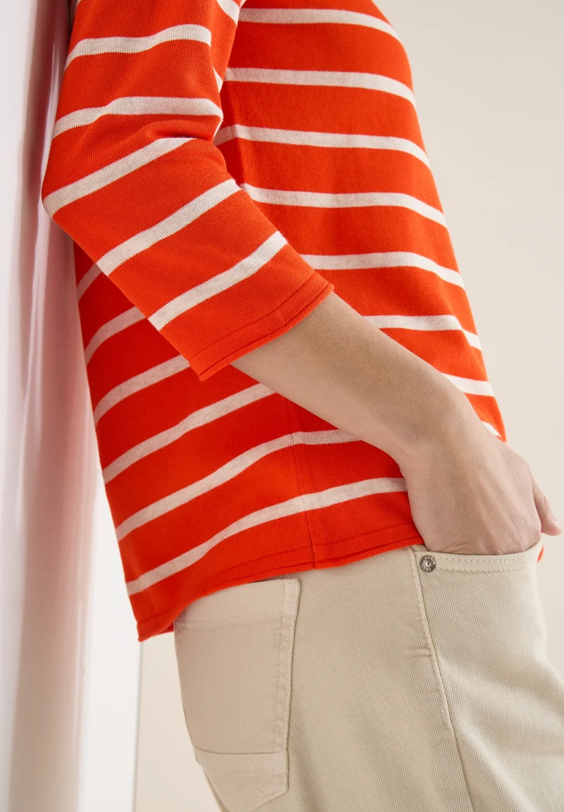 Striped Roundneck Sweater, cherry tomato orange